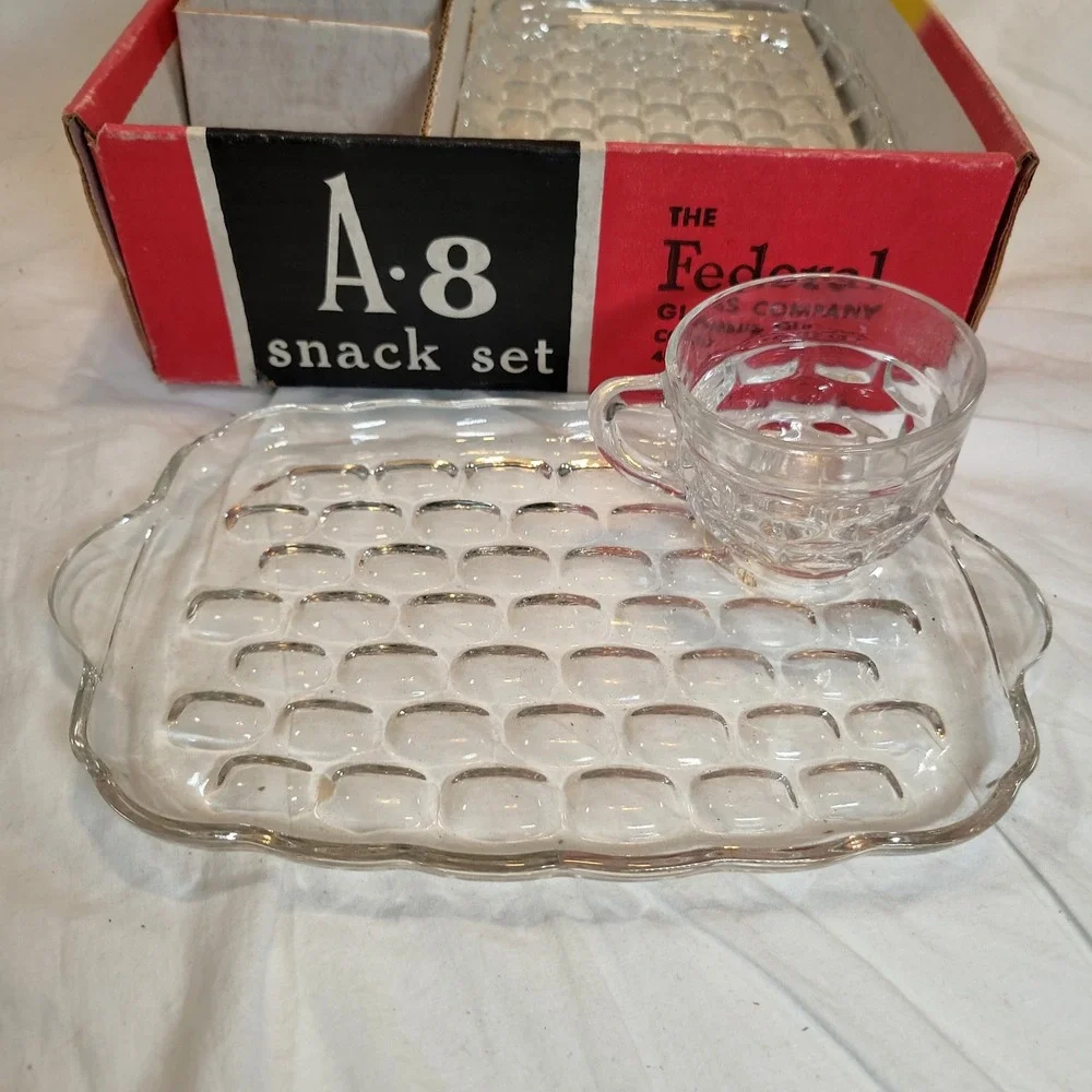 Federal Glass Snack Set A-8 Clear Homestead Pattern Vintage 8 Piece Set Boxed